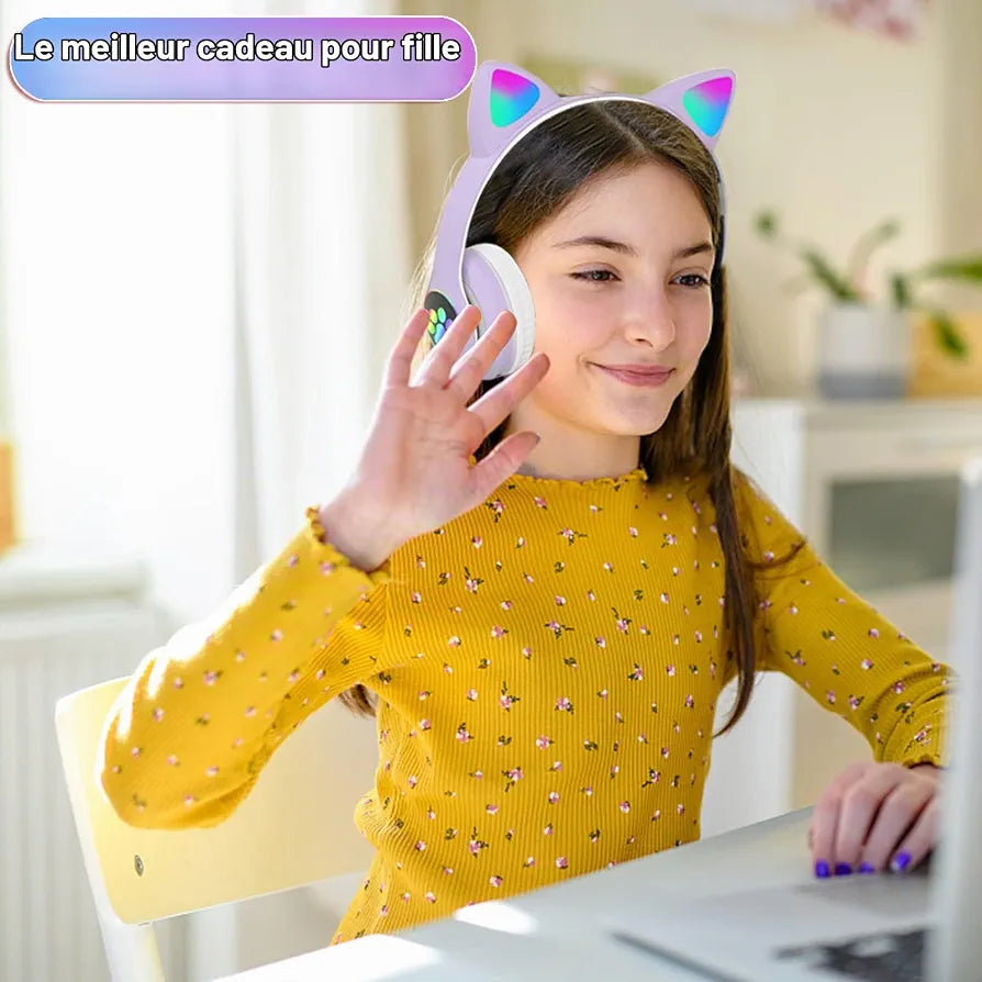 Cute Headphone : Casque Chat Bluetooth avec LED Colorées et Confort Optimal