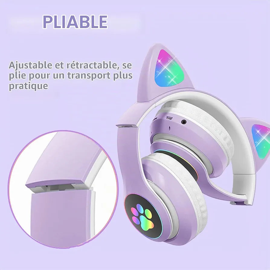 Cute Headphone : Casque Chat Bluetooth avec LED Colorées et Confort Optimal