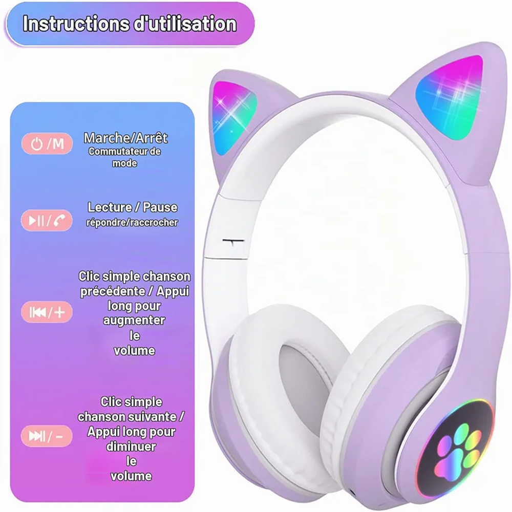 Cute Headphone : Casque Chat Bluetooth avec LED Colorées et Confort Optimal