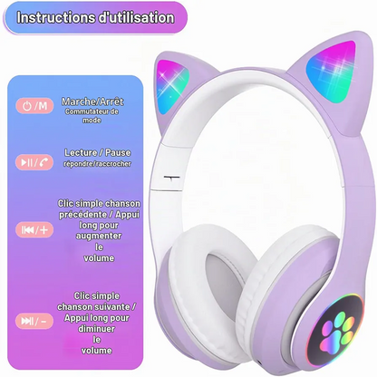 Cute Headphone : Casque Chat Bluetooth avec LED Colorées et Confort Optimal